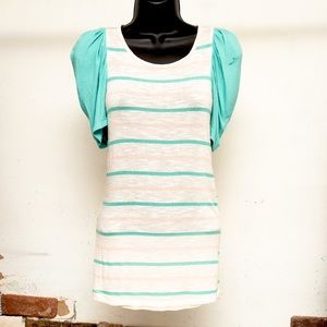 Chloe K pink and teal striped puffed sleeve blouse